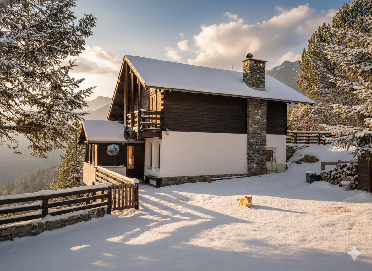 Vista panoramica invernale dello Chalet delle Stelle a Campomoro, Valmalenco